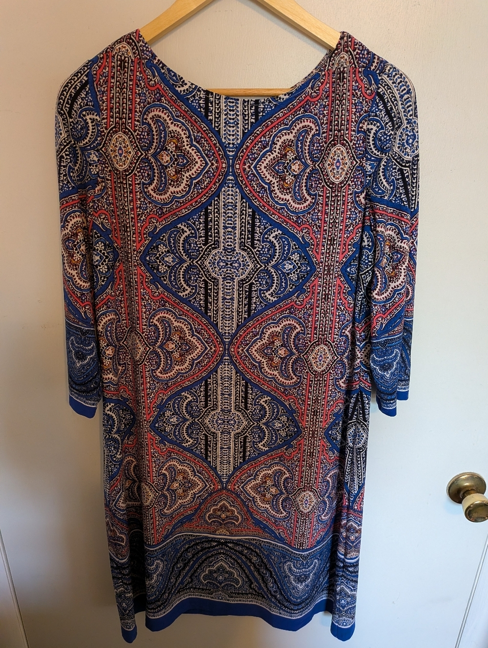 London Times Blue and Red Long Sleeve Printed Dress